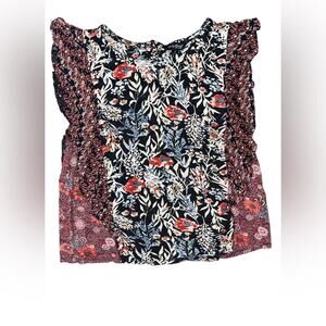 Lucky Brand Mixed Print Blouse Womens Size Small Back Button Ruffle Boho Chic